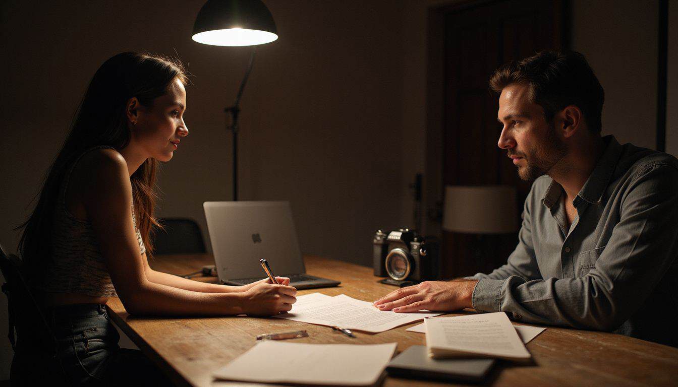 A focused woman signs a modeling contract at a cluttered wooden desk while a photographer observes attentively. A focused woman signs a modeling contract at a cluttered wooden desk while a photographer observes attentively.