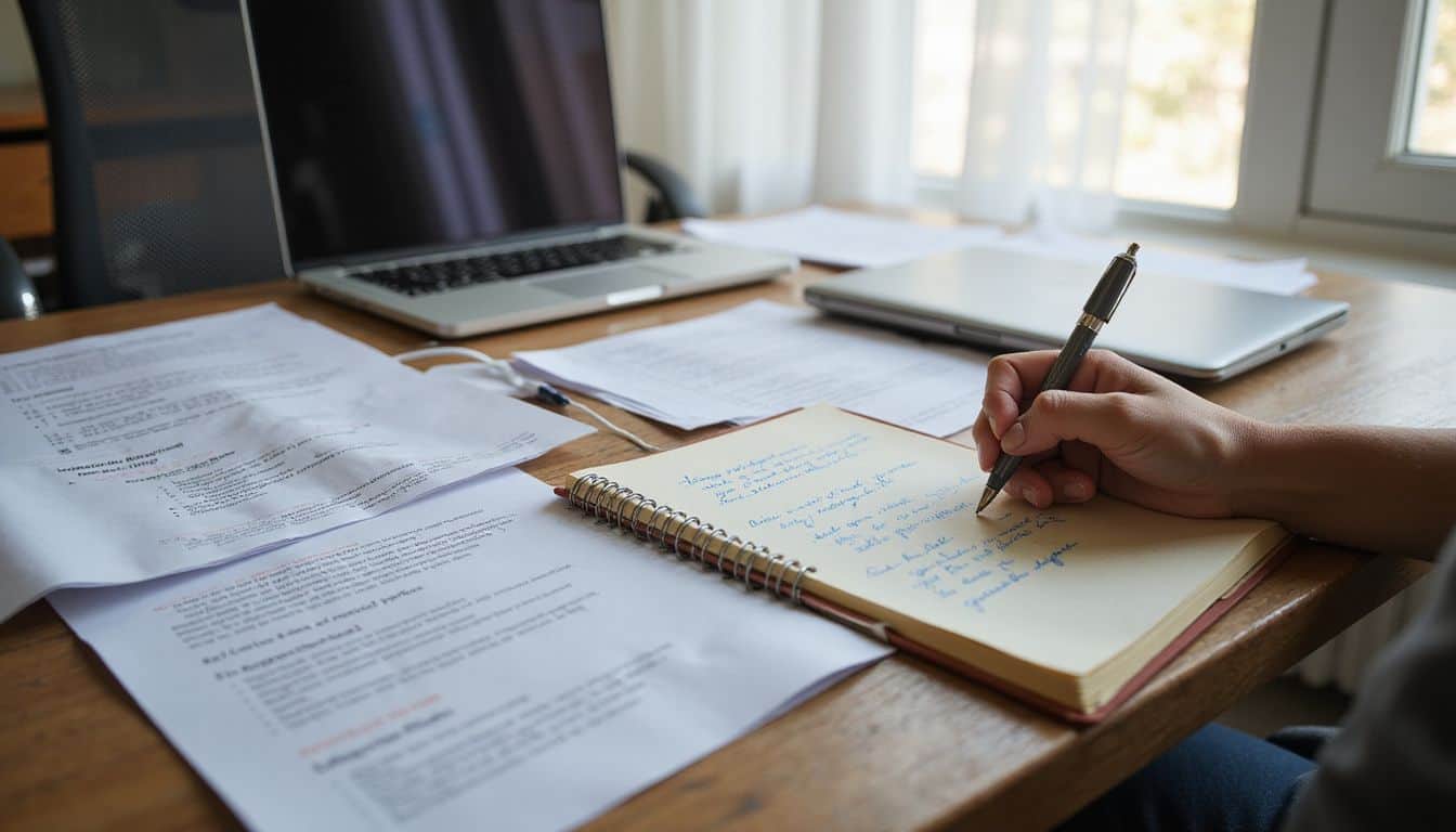 A cluttered wooden desk with resumes, notes, and a laptop creates an atmosphere of anticipation for an interview. A cluttered wooden desk with resumes, notes, and a laptop creates an atmosphere of anticipation for an interview.