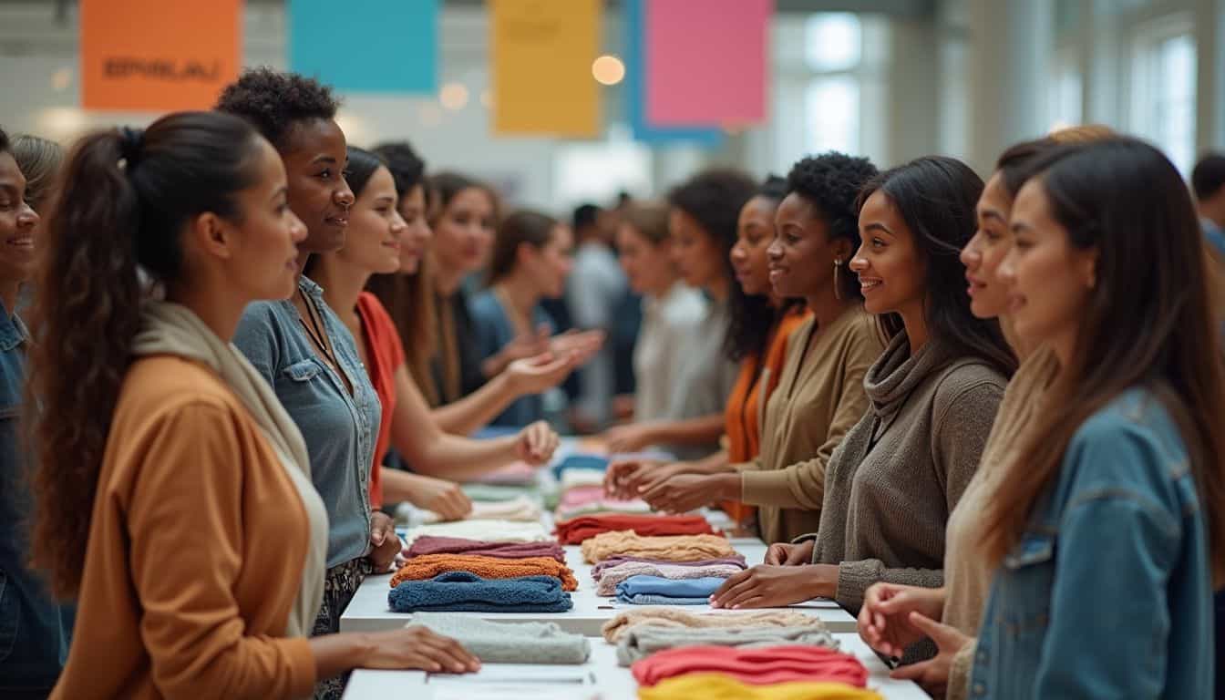 A diverse group of models and customers engage at a lively fashion trade show filled with clothing and accessories. A diverse group of models and customers engage at a lively fashion trade show filled with clothing and accessories.