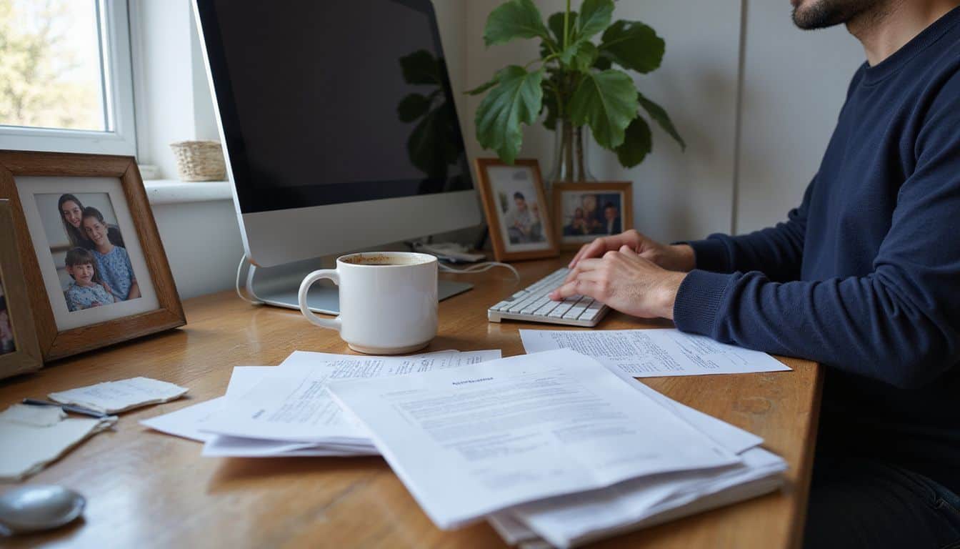 A cluttered office desk showcases job offers, visa forms, a computer, and personal touches, reflecting a busy workspace. A cluttered office desk showcases job offers, visa forms, a computer, and personal touches, reflecting a busy workspace.