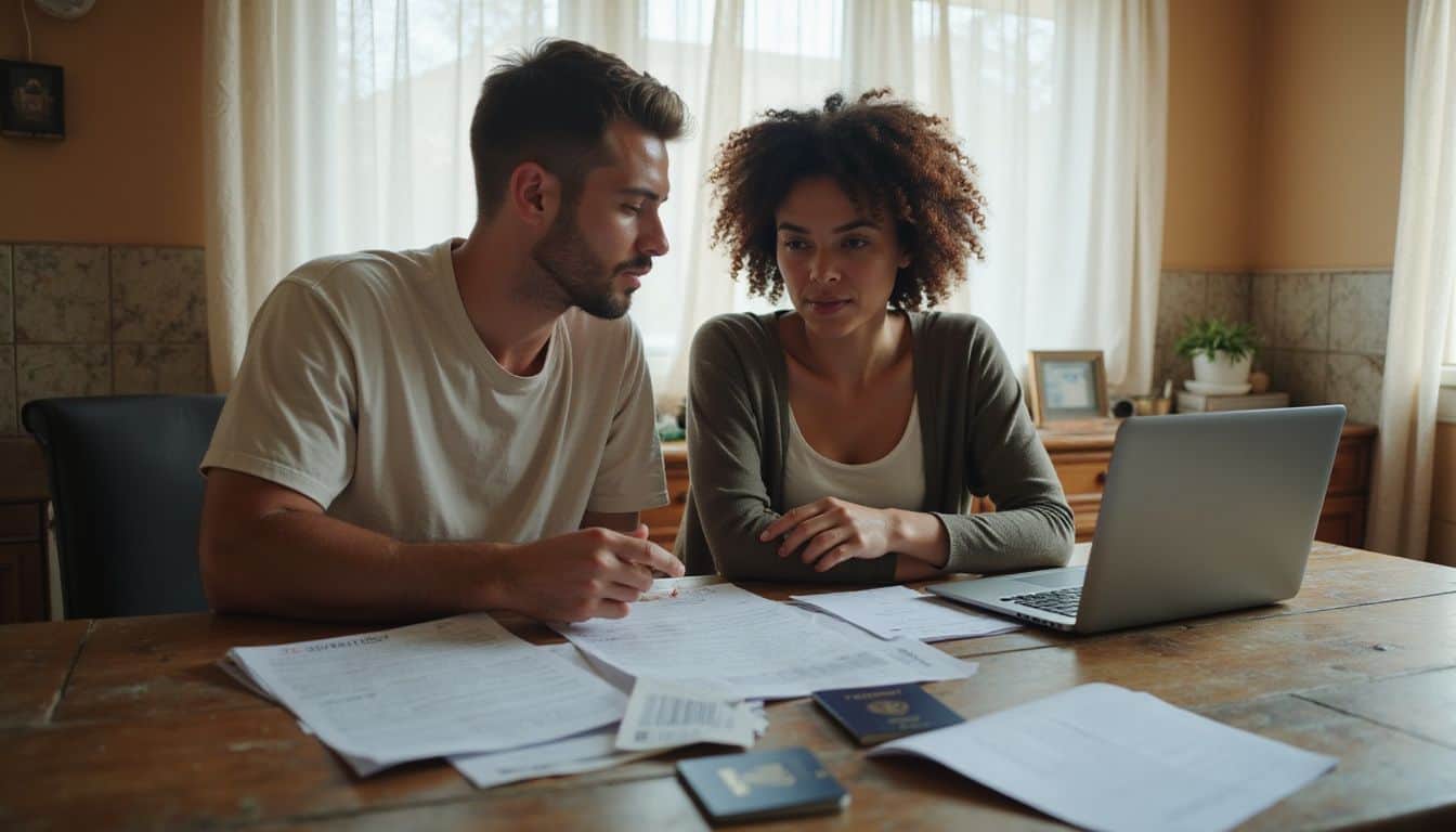 A focused couple collaborates on travel plans at a cluttered wooden kitchen table, surrounded by paperwork and a laptop. A focused couple collaborates on travel plans at a cluttered wooden kitchen table, surrounded by paperwork and a laptop.