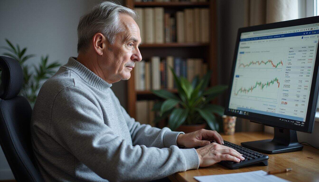 An elderly man attentively plans currency transfers at his desk, focused on financial data displayed on his computer monitor. An elderly man attentively plans currency transfers at his desk, focused on financial data displayed on his computer monitor.