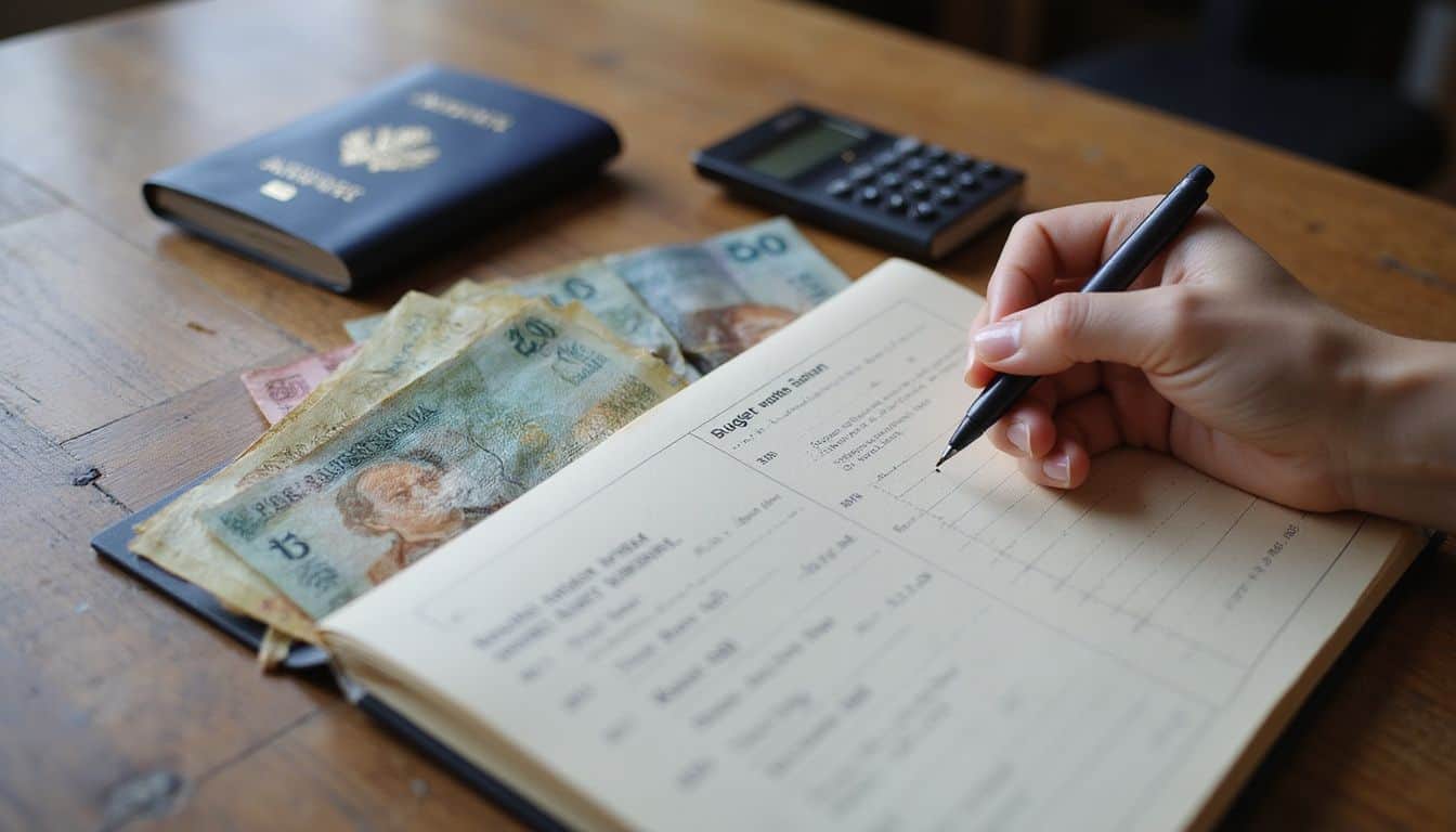 A cluttered wooden desk features Australian banknotes, a passport, a calculator, a budget planner, and an exchange rate chart. A cluttered wooden desk features Australian banknotes, a passport, a calculator, a budget planner, and an exchange rate chart.