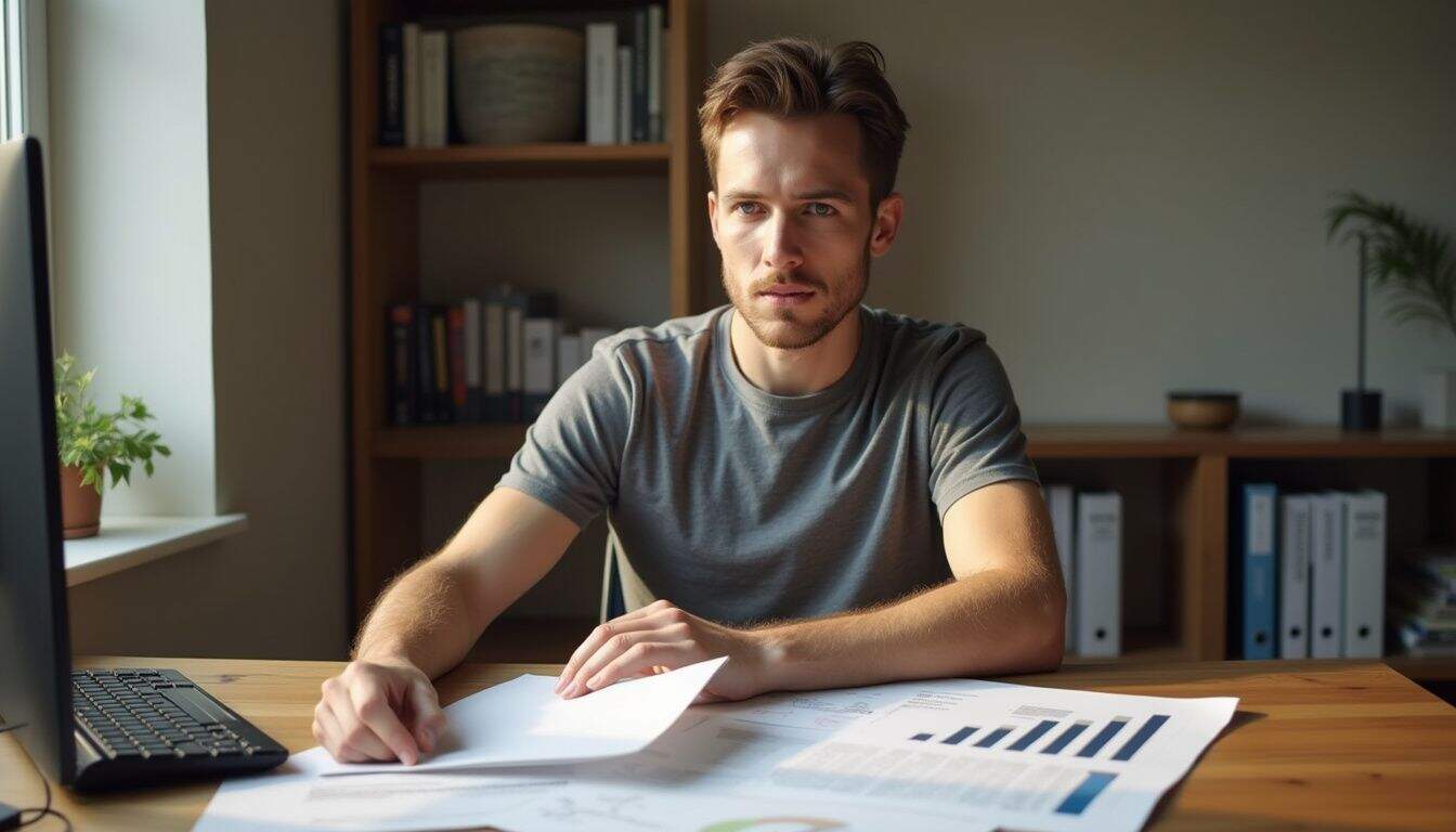 A focused man prepares his resume at a wooden desk, surrounded by documents about the Australian job market. A focused man prepares his resume at a wooden desk, surrounded by documents about the Australian job market.