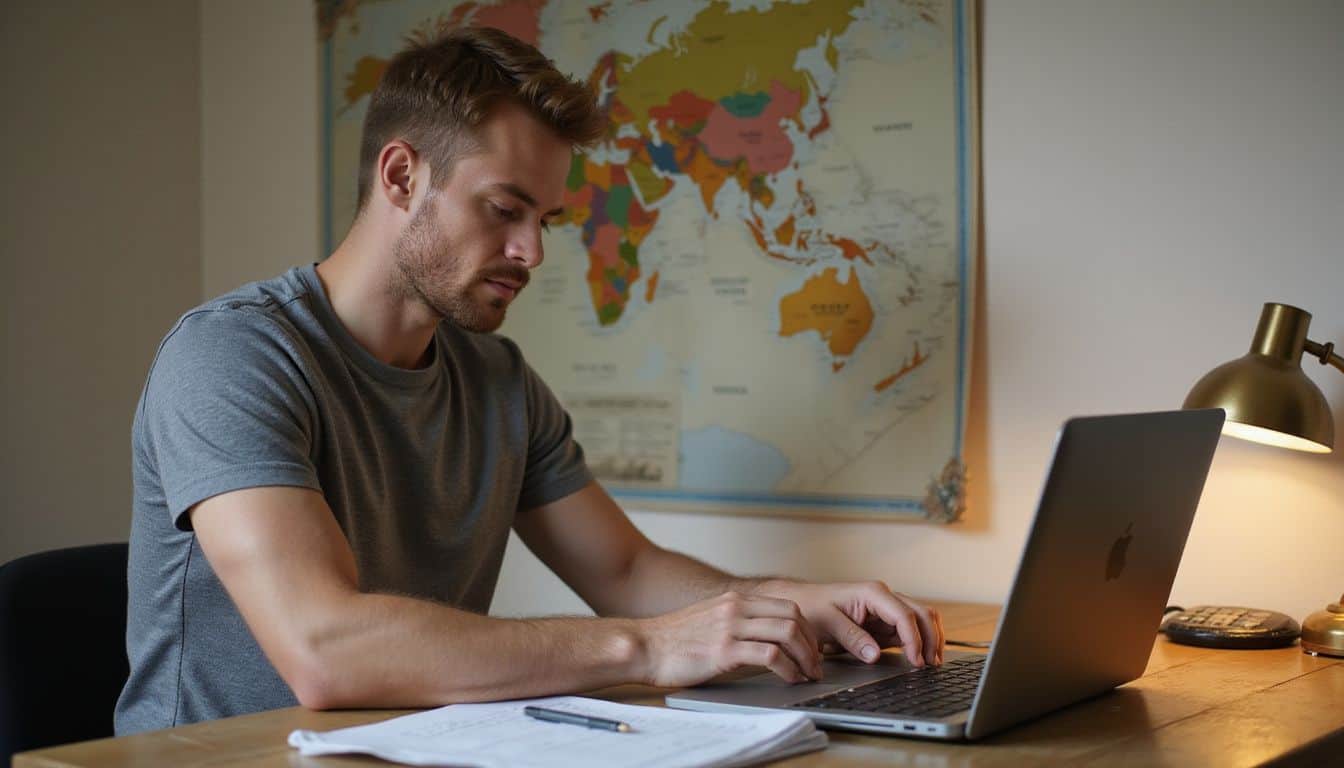A young man works intently at a wooden desk, surrounded by a laptop, calculator, and paperwork. A young man works intently at a wooden desk, surrounded by a laptop, calculator, and paperwork.