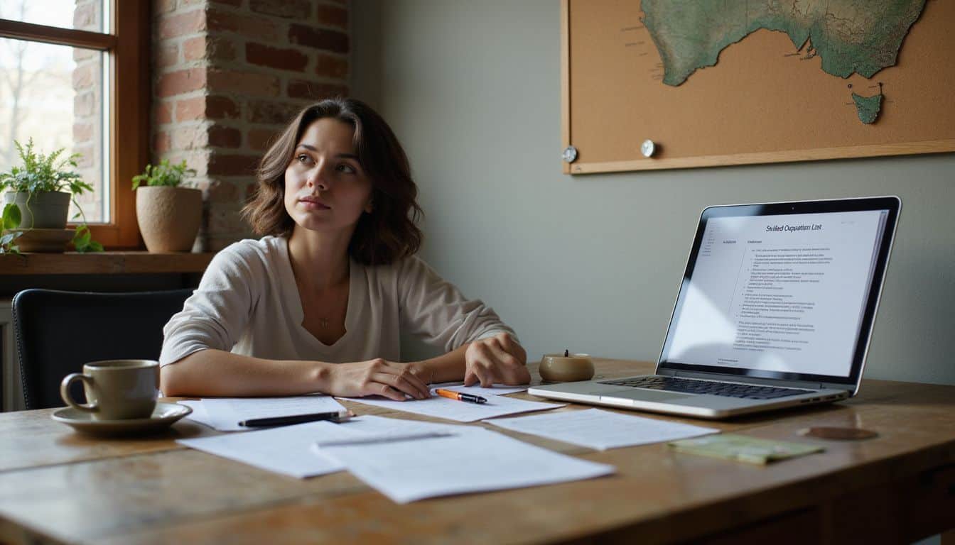 A cluttered home office desk displays immigration documents, a laptop, a map of Australia, and everyday office supplies. A cluttered home office desk displays immigration documents, a laptop, a map of Australia, and everyday office supplies.