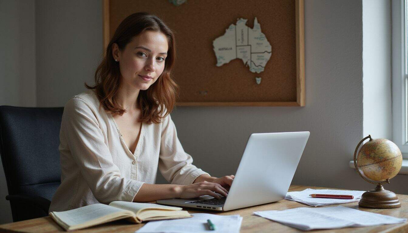 A focused woman in casual attire works at her desk, surrounded by paperwork and a map of Australia. A focused woman in casual attire works at her desk, surrounded by paperwork and a map of Australia.