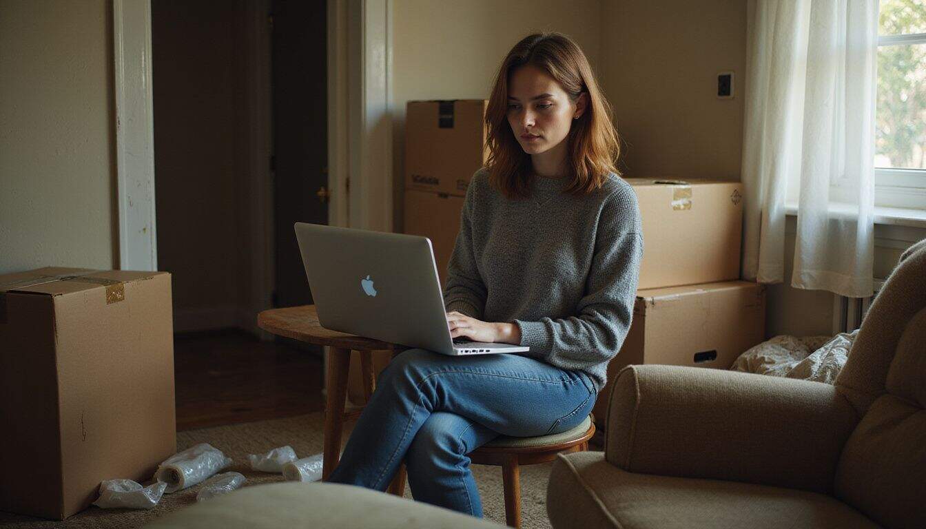 A woman in a cozy apartment focuses on property listings while surrounded by moving boxes and packing materials. A woman in a cozy apartment focuses on property listings while surrounded by moving boxes and packing materials.