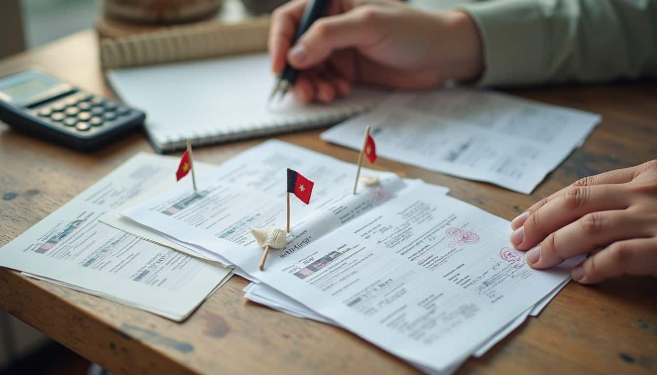 A cluttered desk features visa application forms, country flags, a calculator, and a calendar with handwritten notes. A cluttered desk features visa application forms, country flags, a calculator, and a calendar with handwritten notes.