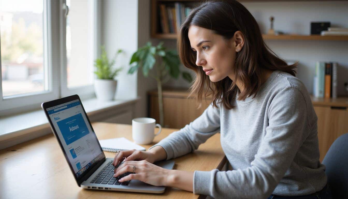 A woman in her 30s attentively searches for jobs on her laptop in a contemporary home office. A woman in her 30s attentively searches for jobs on her laptop in a contemporary home office.