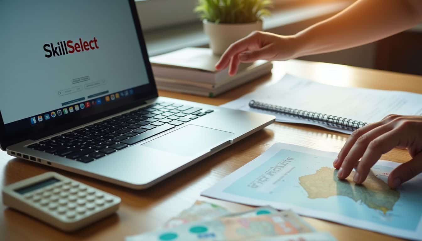 A laptop displays the SkillSelect webpage surrounded by documents, a calculator, a map of Australia, and Australian currency. A laptop displays the SkillSelect webpage surrounded by documents, a calculator, a map of Australia, and Australian currency.