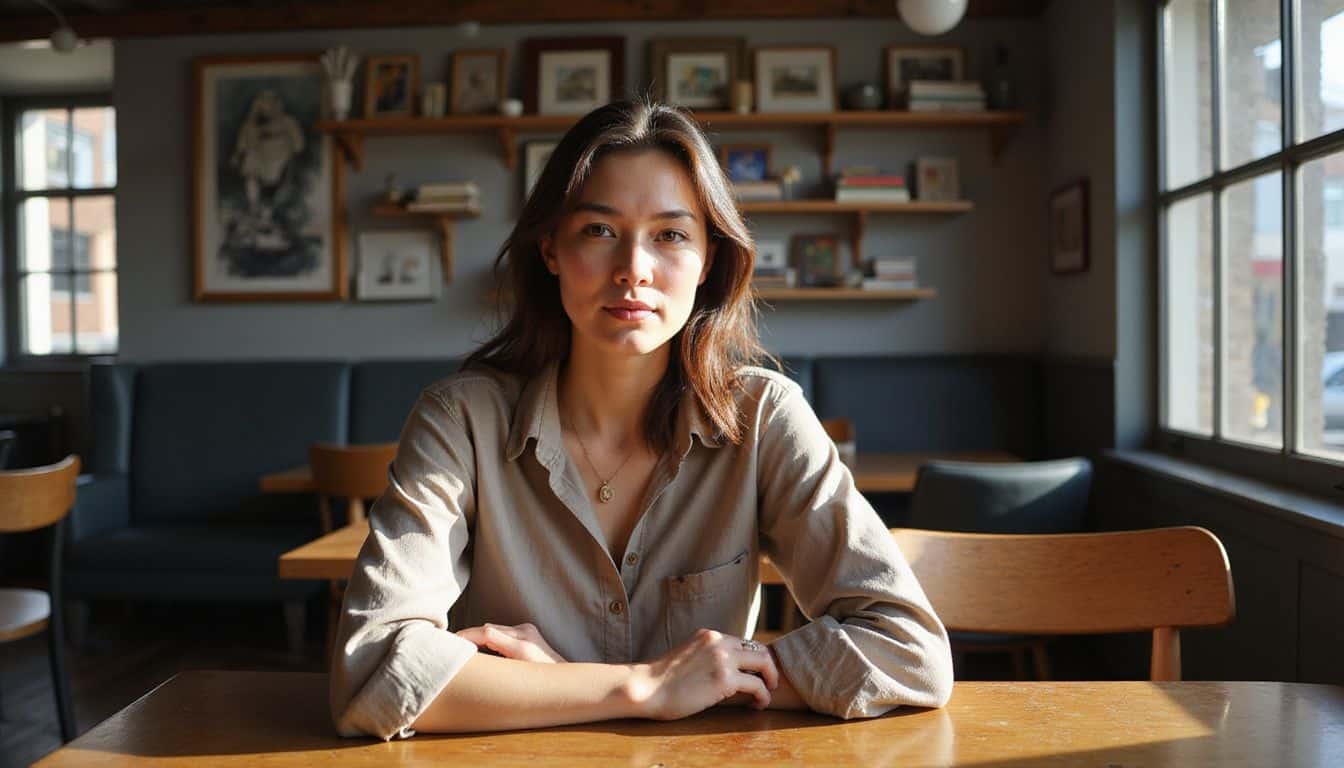 A woman in a cozy café sits at a wooden table, thoughtfully engaging with her surroundings. A woman in a cozy café sits at a wooden table, thoughtfully engaging with her surroundings.