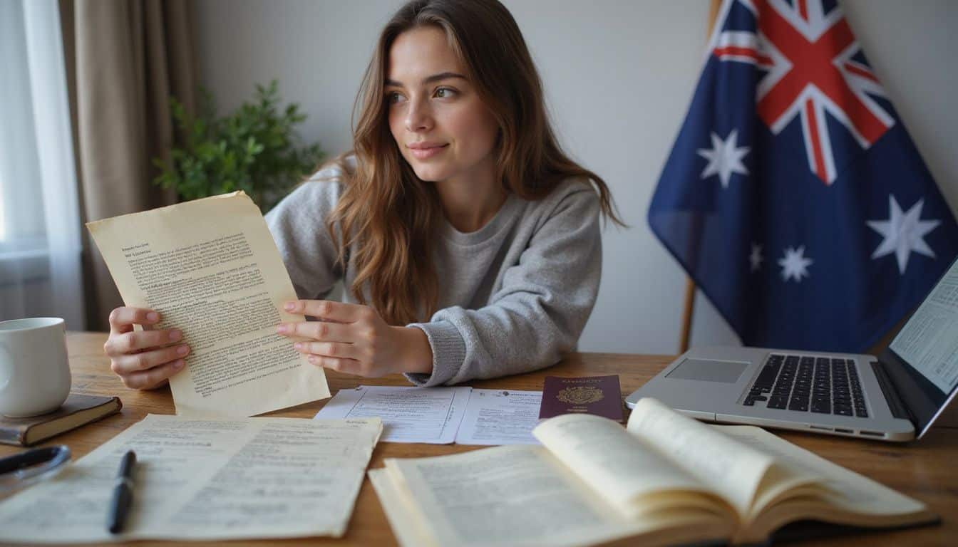 A college student holds an acceptance letter while managing travel documents and visa applications at a cluttered desk. A college student holds an acceptance letter while managing travel documents and visa applications at a cluttered desk.