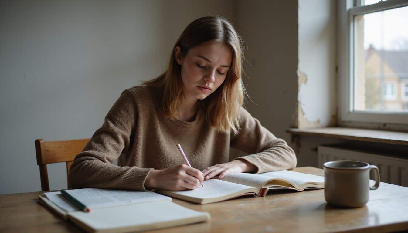 A young woman studies at a wooden table, surrounded by textbooks and notes in a cozy, lived-in room. A young woman studies at a wooden table, surrounded by textbooks and notes in a cozy, lived-in room.