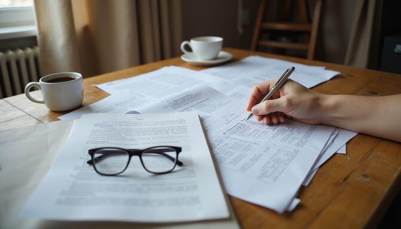 A cluttered wooden desk features job contracts, financial statements, reading glasses, and a coffee mug, capturing a moment of focused work. A cluttered wooden desk features job contracts, financial statements, reading glasses, and a coffee mug, capturing a moment of focused work.