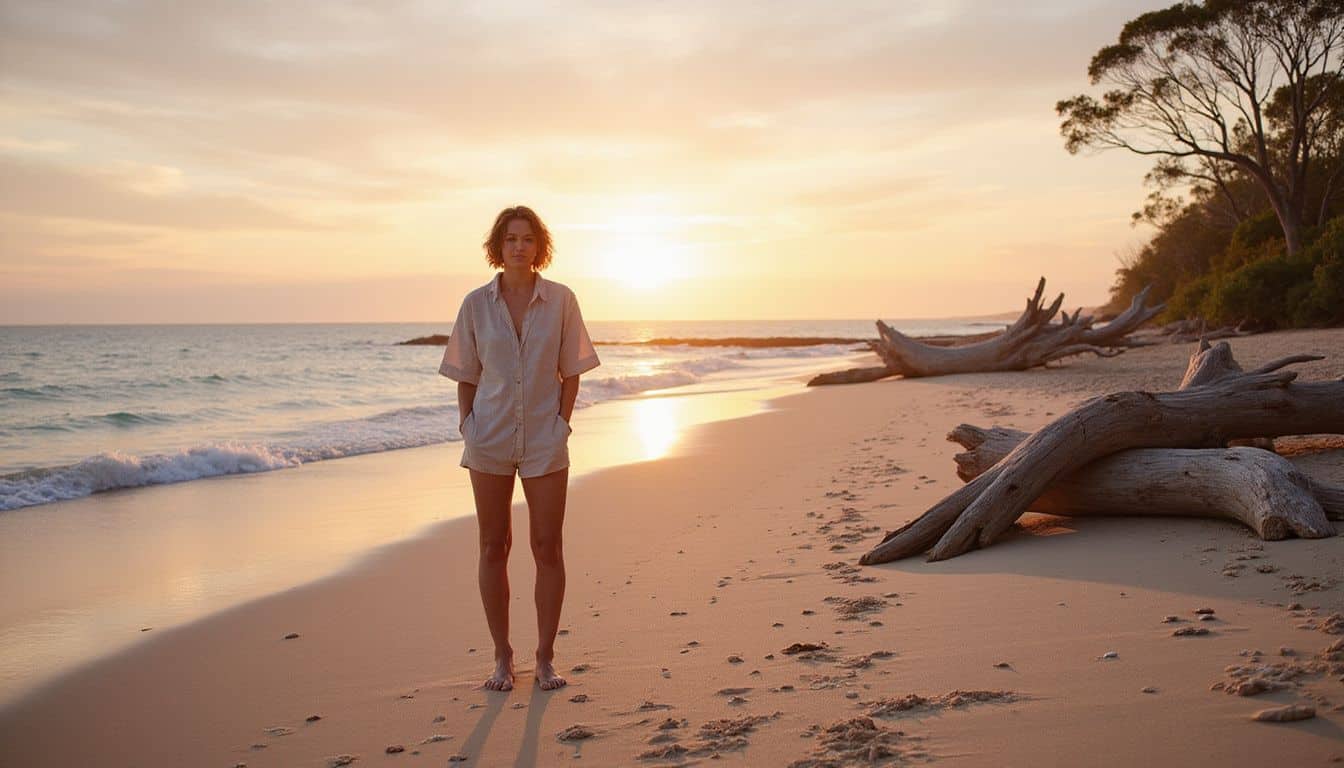 A person stands barefoot on a serene Australian beach, surrounded by seashells, driftwood, and eucalyptus trees at sunrise. A person stands barefoot on a serene Australian beach, surrounded by seashells, driftwood, and eucalyptus trees at sunrise.