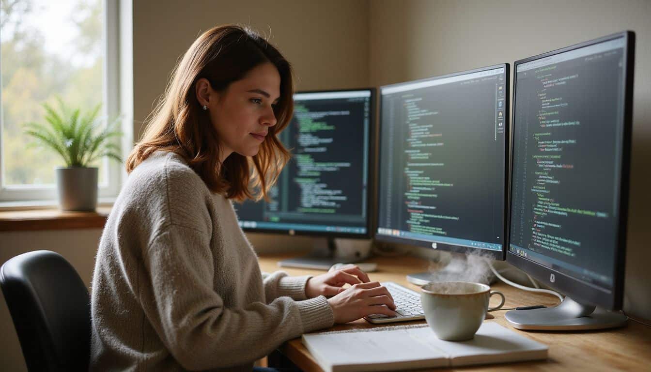 A woman in a cozy home office focuses intently on her work as a software developer at her desk. A woman in a cozy home office focuses intently on her work as a software developer at her desk.