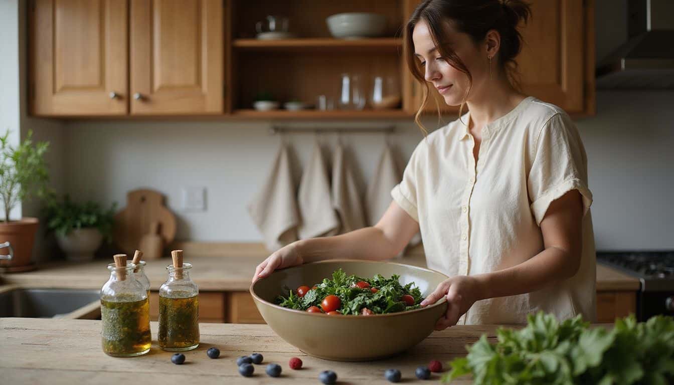 A woman in a cream blouse tosses a vibrant salad at a rustic kitchen counter. A woman in a cream blouse tosses a vibrant salad at a rustic kitchen counter.