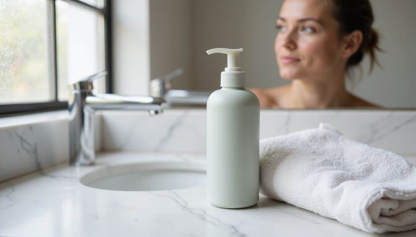 A pristine marble bathroom countertop features a cleanser bottle, a folded cotton towel, and a contemplative individual’s reflection. A pristine marble bathroom countertop features a cleanser bottle, a folded cotton towel, and a contemplative individual’s reflection.