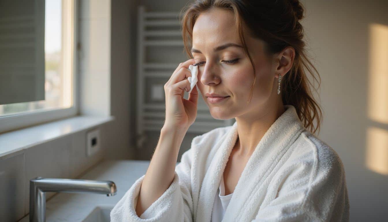 A woman in a robe practices skincare at a modern bathroom sink, showcasing her natural beauty and tranquility. A woman in a robe practices skincare at a modern bathroom sink, showcasing her natural beauty and tranquility.