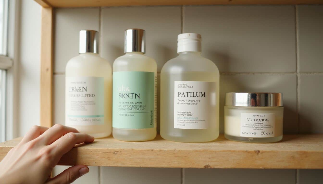 A bathroom shelf displays neatly arranged skincare products against a backdrop of muted tiles, conveying an everyday moment of calm. A bathroom shelf displays neatly arranged skincare products against a backdrop of muted tiles, conveying an everyday moment of calm.