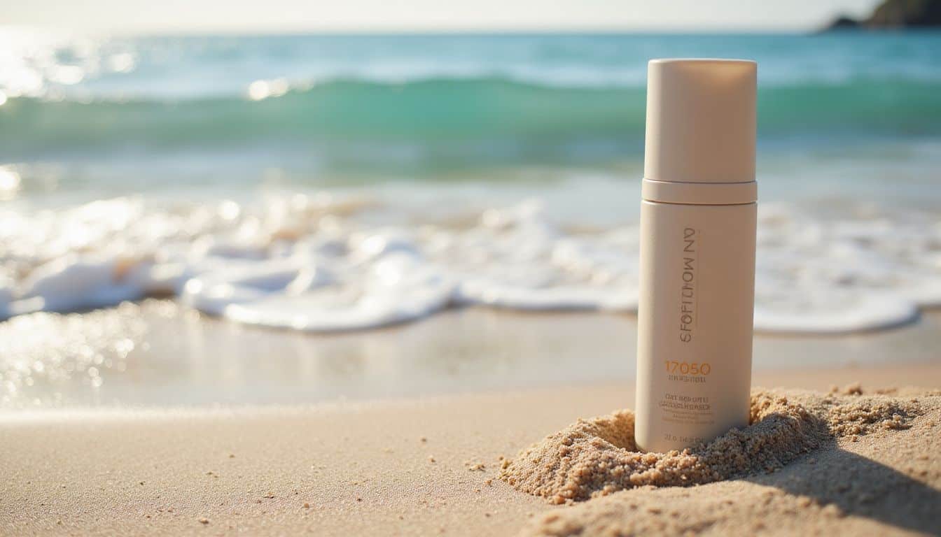 A sunscreen bottle rests in beach sand while gentle ocean waves roll in, emphasizing sun protection at the shore. A sunscreen bottle rests in beach sand while gentle ocean waves roll in, emphasizing sun protection at the shore.