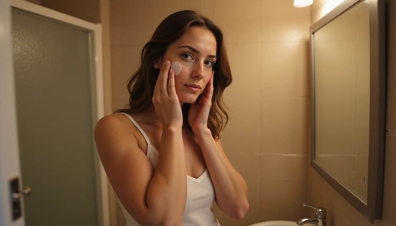 A woman in a tank top applies oil-based cleanser to her face in a modest bathroom during her skincare routine. A woman in a tank top applies oil-based cleanser to her face in a modest bathroom during her skincare routine.