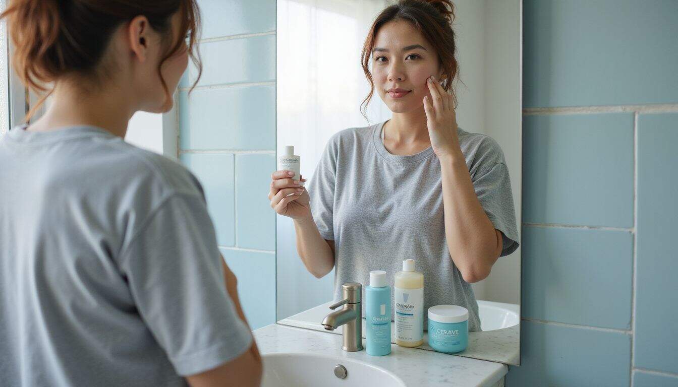 A woman in her mid-30s applies moisturizer in a bathroom, surrounded by neatly arranged skincare products. A woman in her mid-30s applies moisturizer in a bathroom, surrounded by neatly arranged skincare products.