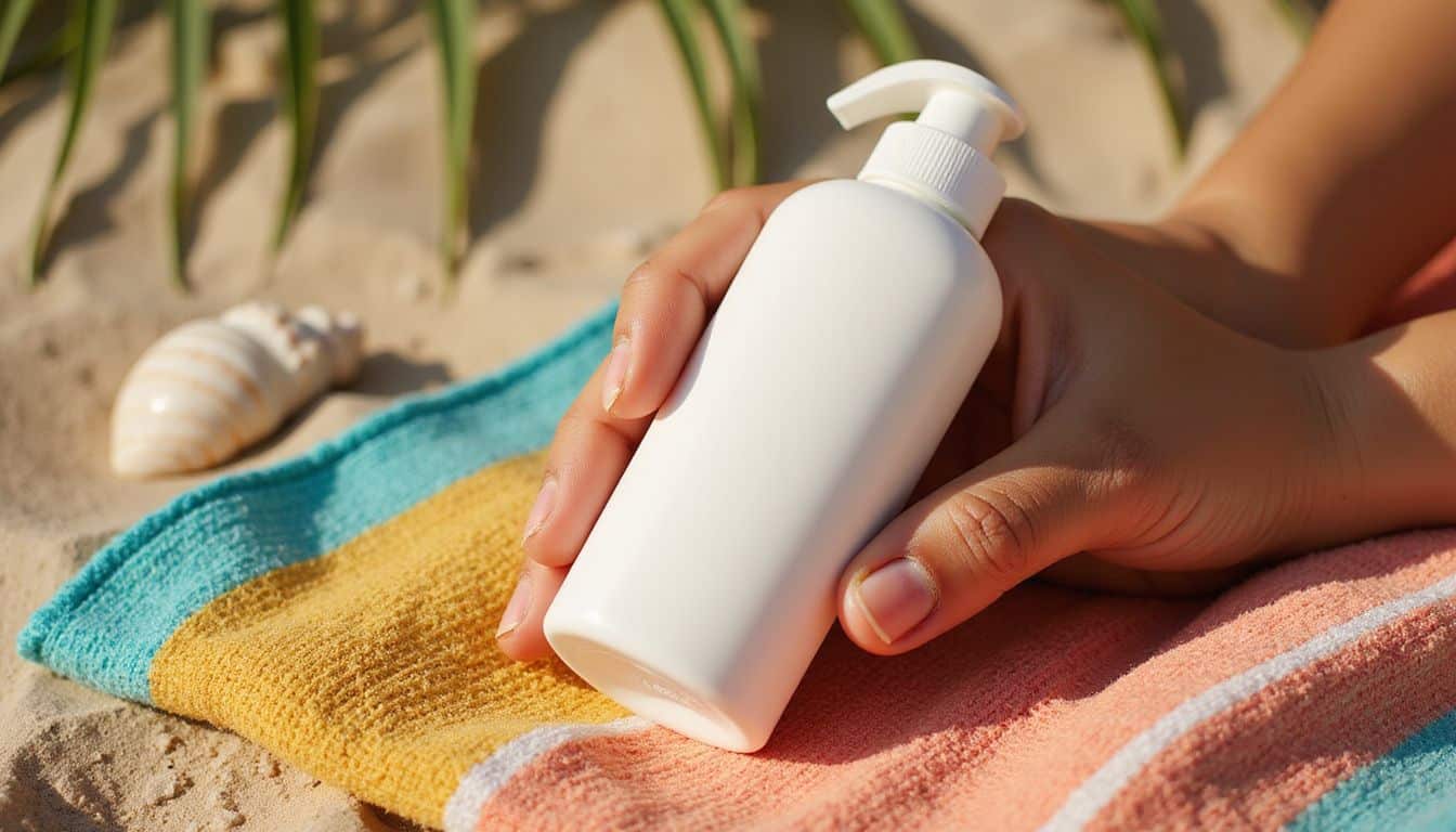 A close-up of a mineral sunscreen bottle on a vibrant beach towel, surrounded by sand and seashells. A close-up of a mineral sunscreen bottle on a vibrant beach towel, surrounded by sand and seashells.