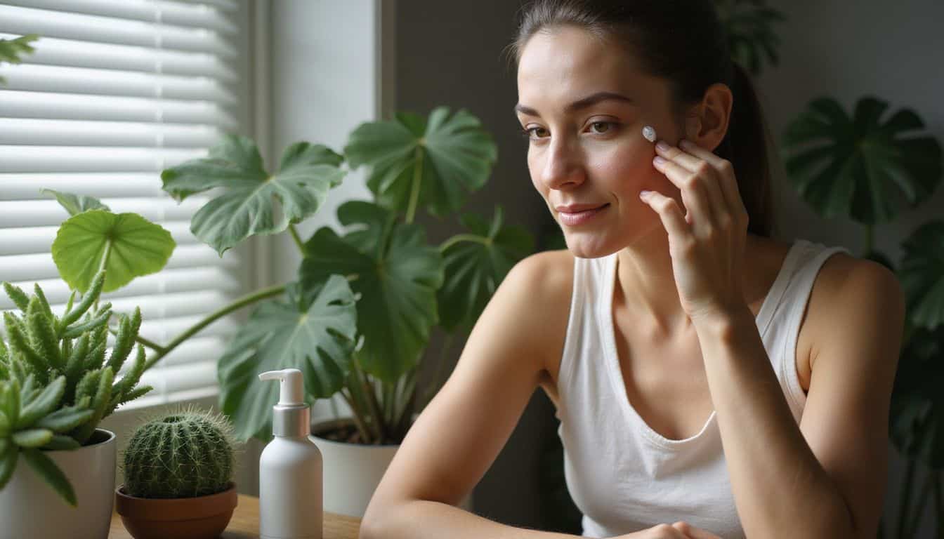 A woman applies vitamin C serum to her face amidst lush houseplants during her morning skincare routine. A woman applies vitamin C serum to her face amidst lush houseplants during her morning skincare routine.