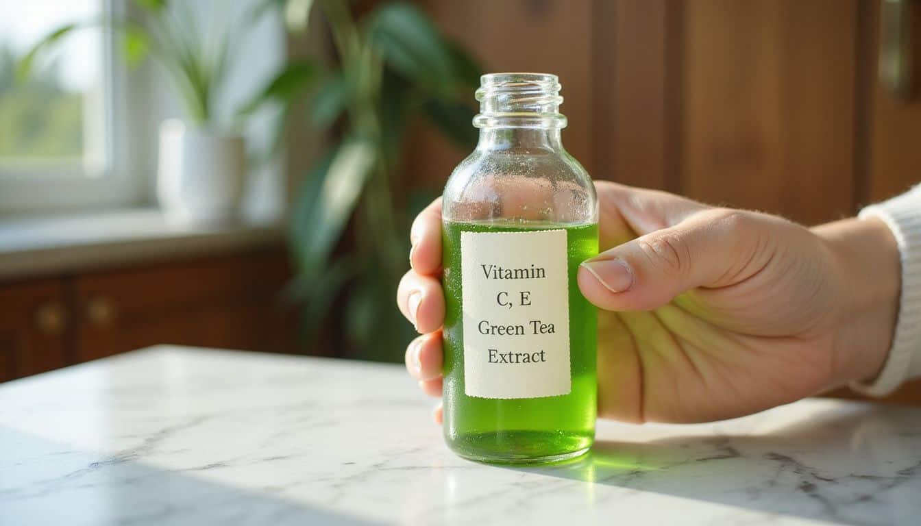 A close-up of a glass bottle containing green serum, labeled with ingredients, rests on a marble countertop. A close-up of a glass bottle containing green serum, labeled with ingredients, rests on a marble countertop.