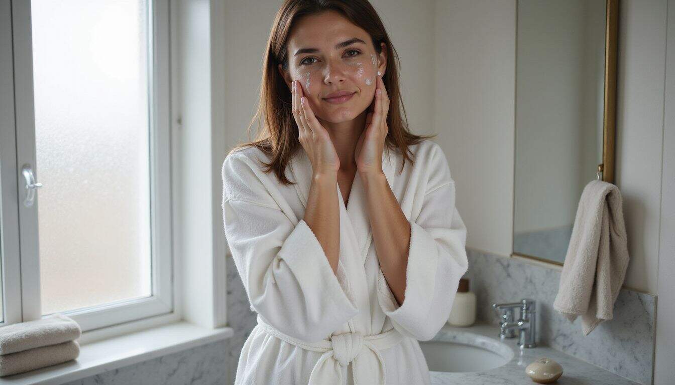 A woman in a robe massages cleanser into her face at a sleek, minimalist bathroom sink. A woman in a robe massages cleanser into her face at a sleek, minimalist bathroom sink.