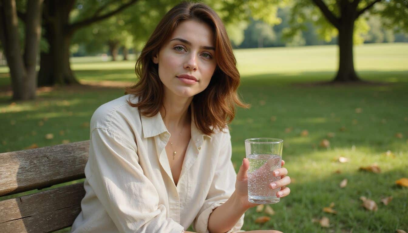 A woman in a cream linen blouse sits peacefully on a wooden bench, holding a glass of water in a park. A woman in a cream linen blouse sits peacefully on a wooden bench, holding a glass of water in a park.