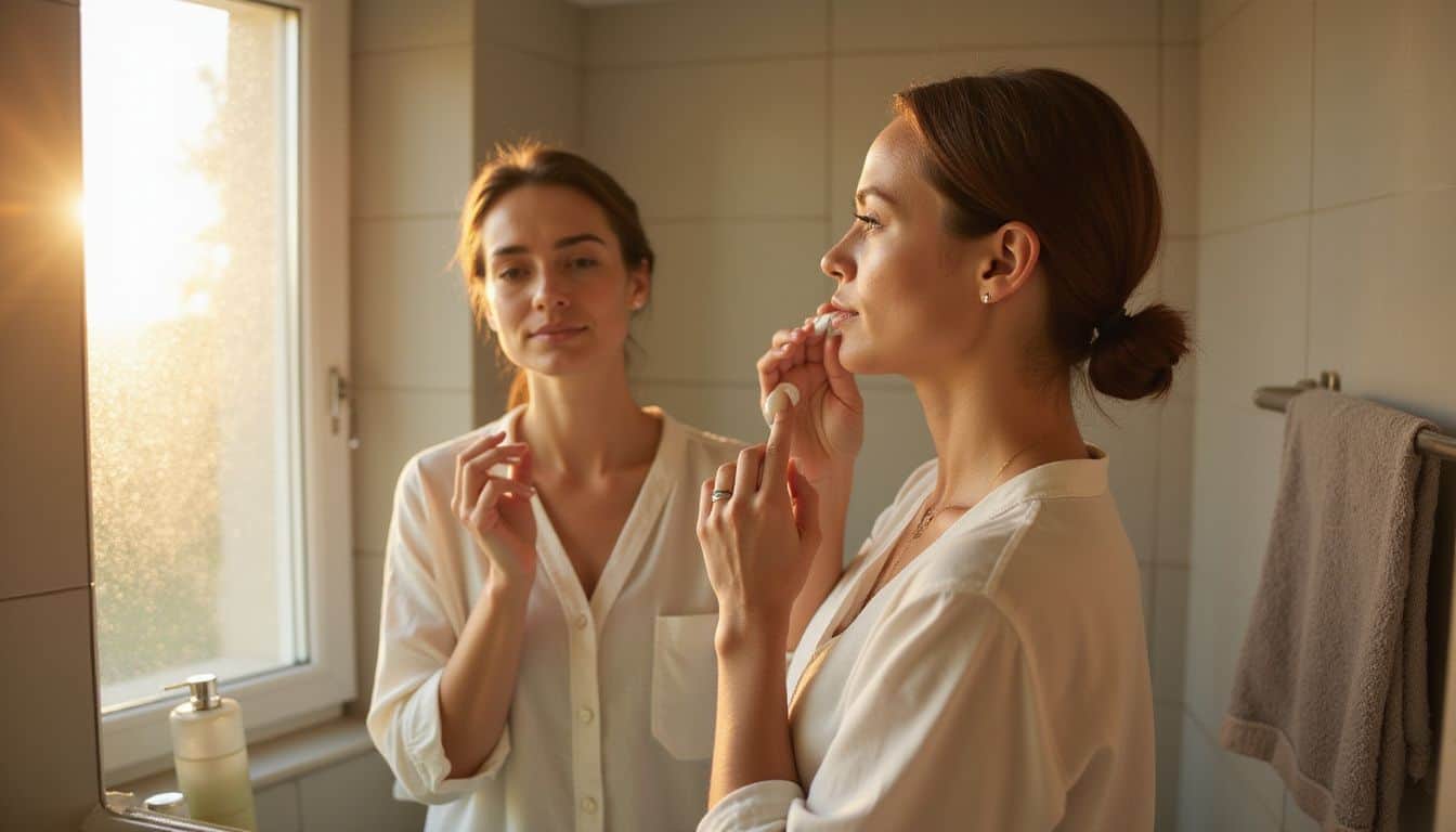 A woman in her late 30s applies sunscreen in a minimalist bathroom, focused on her morning skincare routine. A woman in her late 30s applies sunscreen in a minimalist bathroom, focused on her morning skincare routine.