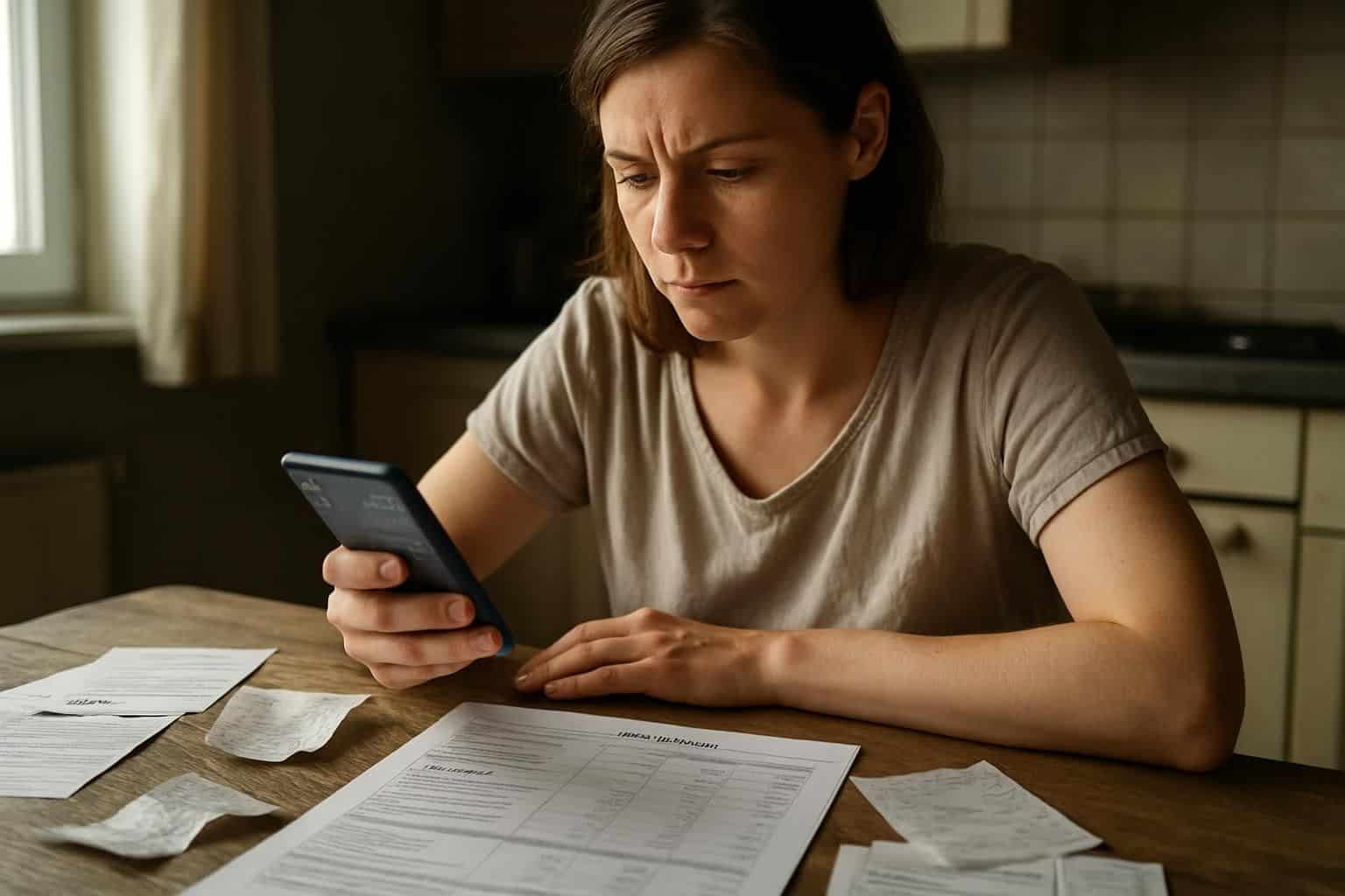A woman sits at a kitchen table, reviewing bills and using a budgeting app with a focused expression. A woman sits at a kitchen table, reviewing bills and using a budgeting app with a focused expression.