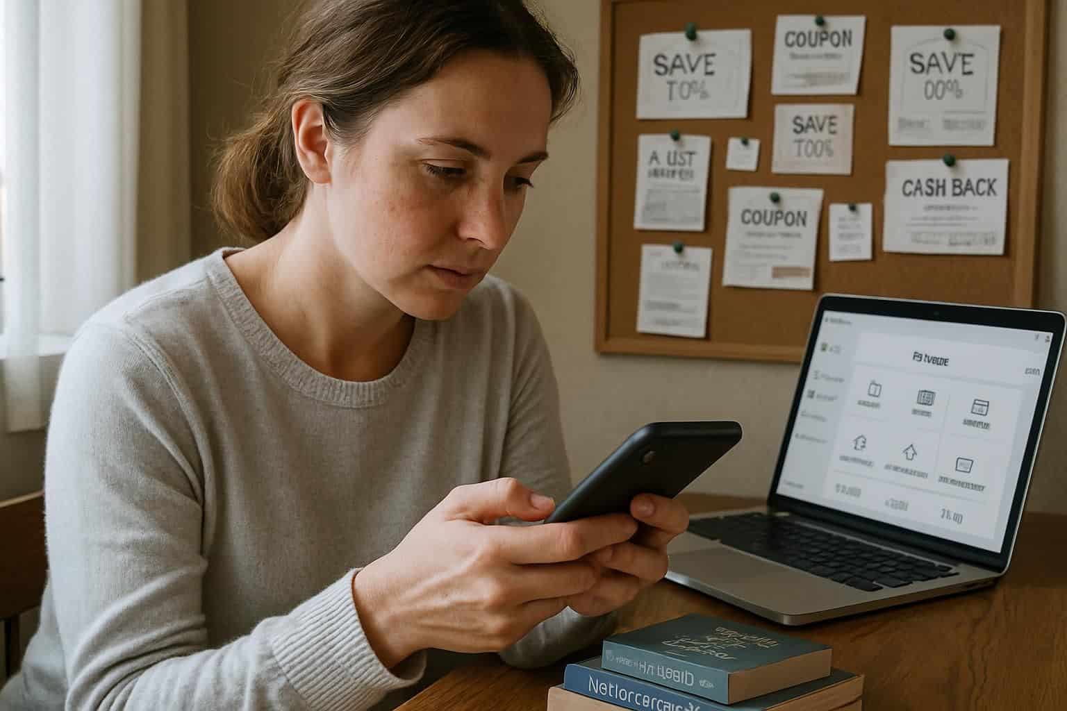 A woman in a cozy sweater intently reviews financial information on her smartphone amid budgeting books and a laptop. A woman in a cozy sweater intently reviews financial information on her smartphone amid budgeting books and a laptop.