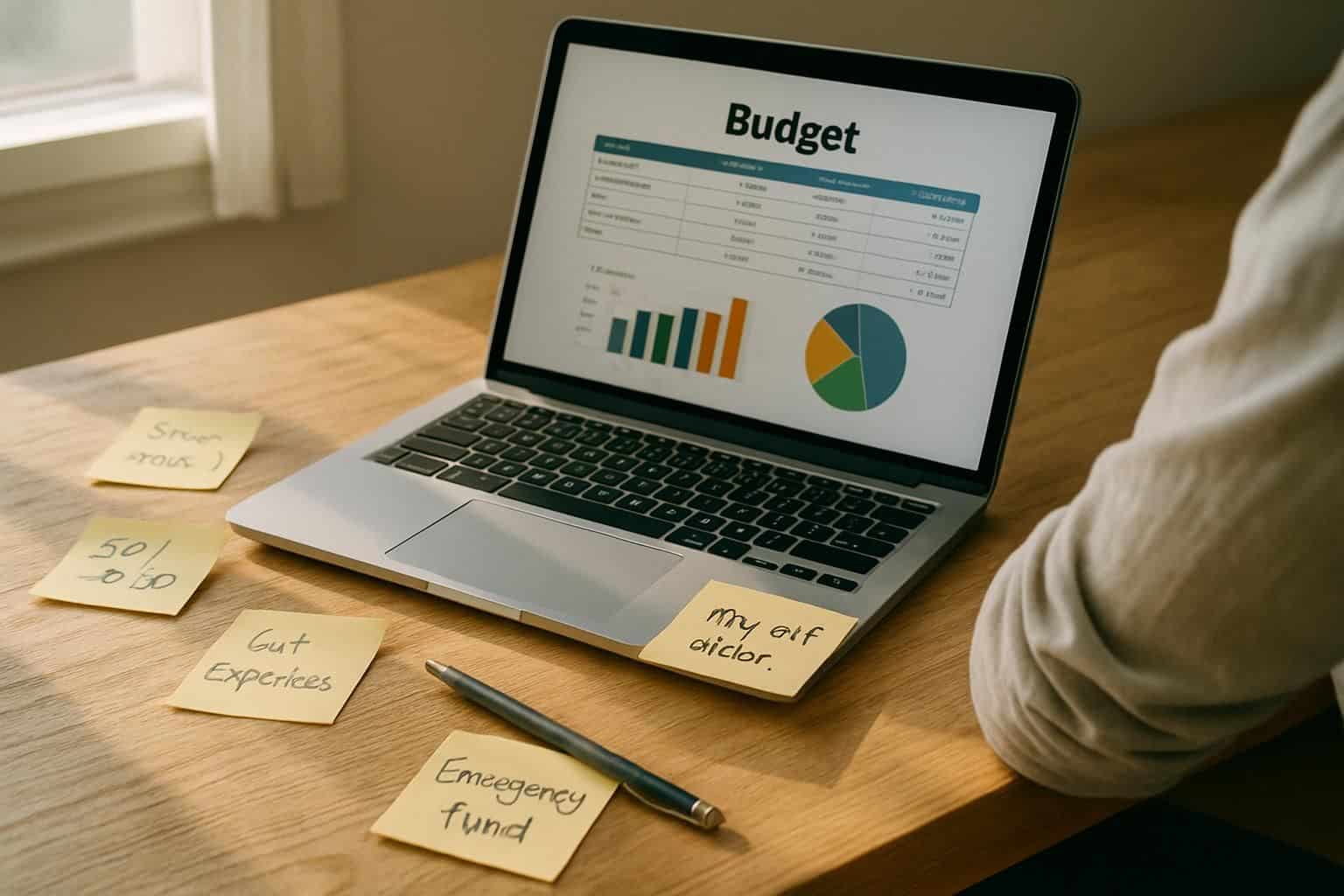 A person is engaged in financial planning using a laptop, sticky notes, and a pen on a wooden desk. A person is engaged in financial planning using a laptop, sticky notes, and a pen on a wooden desk.