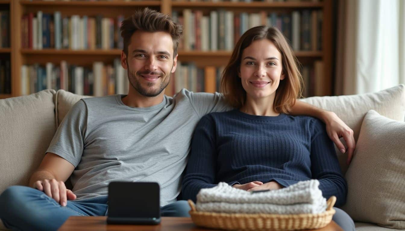 A relaxed couple sits on a plush couch, surrounded by books and cozy decor in a warm living room setting. A relaxed couple sits on a plush couch, surrounded by books and cozy decor in a warm living room setting.