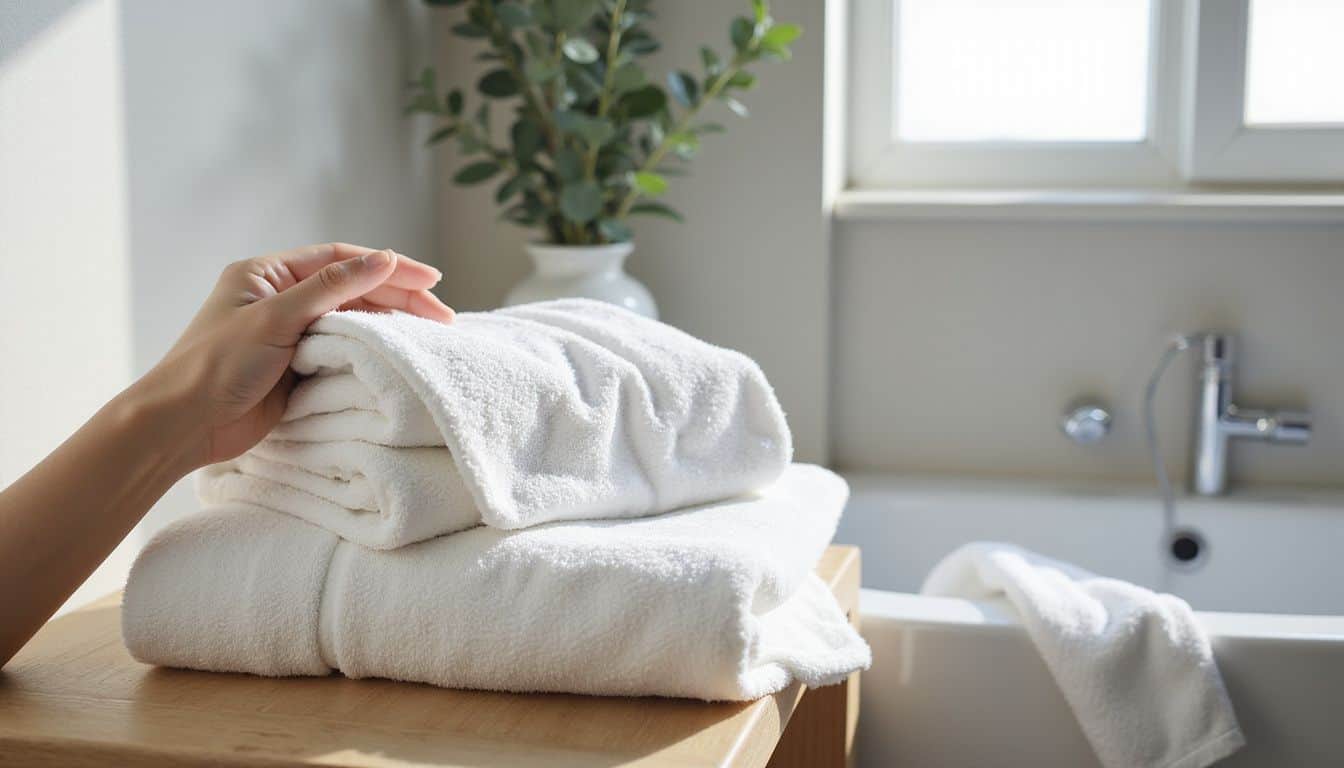 A stack of plush white towels and bath mats rests on a wooden shelf, enhancing a minimalistic bathroom aesthetic. A stack of plush white towels and bath mats rests on a wooden shelf, enhancing a minimalistic bathroom aesthetic.