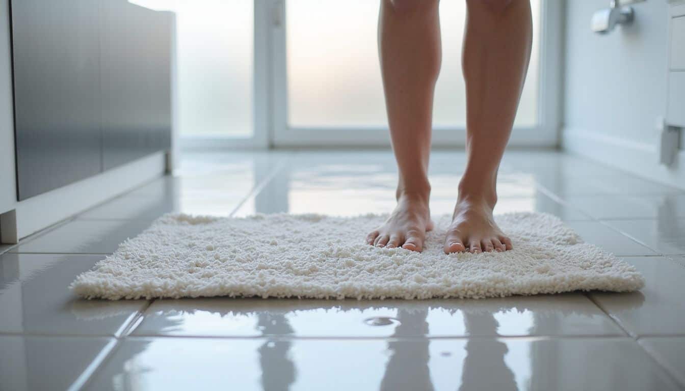 A plush bath mat rests on wet ceramic tiles in a modern bathroom, highlighting textures and moisture. A plush bath mat rests on wet ceramic tiles in a modern bathroom, highlighting textures and moisture.