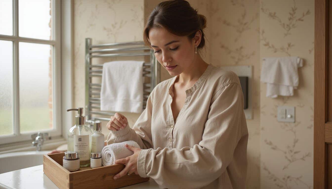 A woman thoughtfully arranges items on a wooden tray in a serene, spa-like bathroom setting. A woman thoughtfully arranges items on a wooden tray in a serene, spa-like bathroom setting.