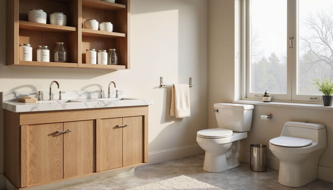 A well-organized guest bathroom features a warm beige palette, polished marble countertop, and neatly arranged cleaning supplies. A well-organized guest bathroom features a warm beige palette, polished marble countertop, and neatly arranged cleaning supplies.
