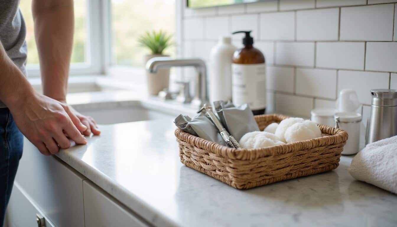 The image depicts a serene guest bathroom with elegant decor and carefully arranged grooming essentials on a marble countertop. The image depicts a serene guest bathroom with elegant decor and carefully arranged grooming essentials on a marble countertop.