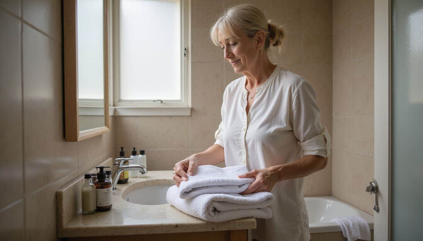A middle-aged woman is folding towels and arranging toiletries in a cozy bathroom, reflecting care and attention to detail. A middle-aged woman is folding towels and arranging toiletries in a cozy bathroom, reflecting care and attention to detail.