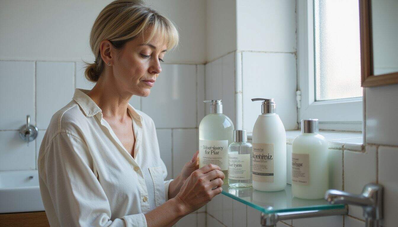 A middle-aged woman organizes toiletries in a clean, well-used guest bathroom with simple elegance and natural textures. A middle-aged woman organizes toiletries in a clean, well-used guest bathroom with simple elegance and natural textures.