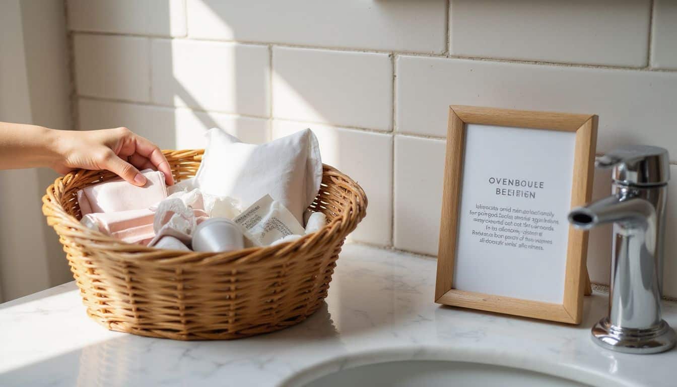 A pristine bathroom counter displays a woven basket filled with various menstrual products and a sign for availability. A pristine bathroom counter displays a woven basket filled with various menstrual products and a sign for availability.