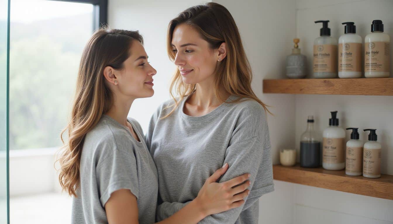 A woman in a modern bathroom examines eco-friendly travel-sized toiletries on a wooden shelf with a satisfied smile. A woman in a modern bathroom examines eco-friendly travel-sized toiletries on a wooden shelf with a satisfied smile.