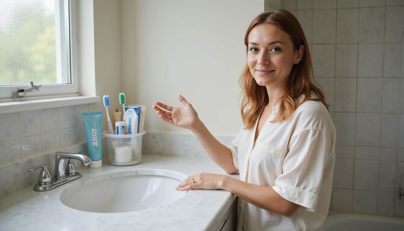 A woman organizes dental supplies in a tidy, modest bathroom with polished marble countertops and a clean aesthetic. A woman organizes dental supplies in a tidy, modest bathroom with polished marble countertops and a clean aesthetic.