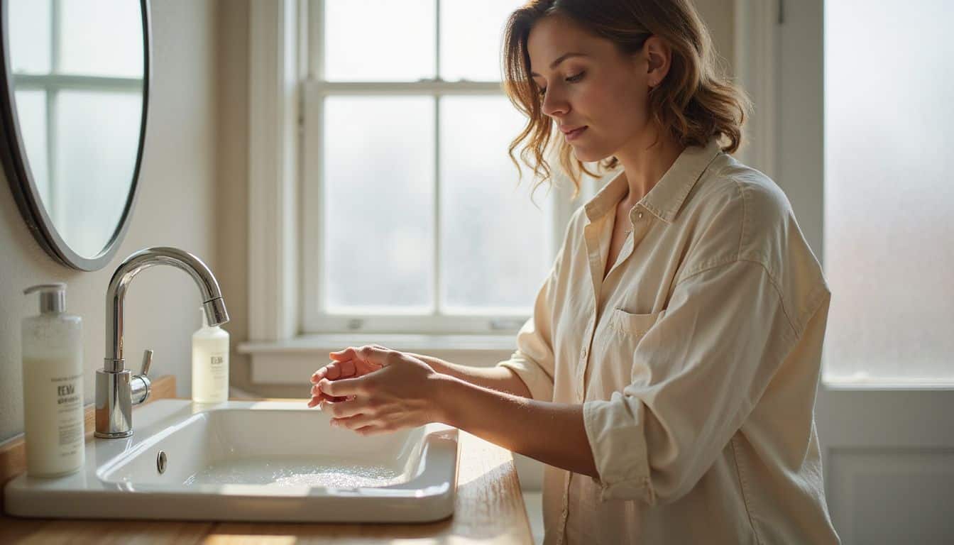 A woman in a cream shirt enjoys a moment of self-care while using Undaria Algae Body Wash at a bathroom sink. A woman in a cream shirt enjoys a moment of self-care while using Undaria Algae Body Wash at a bathroom sink.