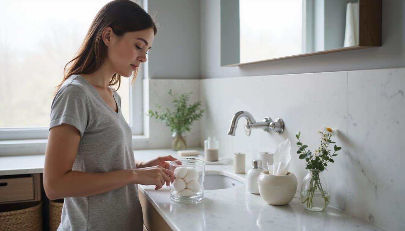 A woman organizes bathroom supplies on a marble countertop while surrounded by fresh flowers in a minimalist setting. A woman organizes bathroom supplies on a marble countertop while surrounded by fresh flowers in a minimalist setting.